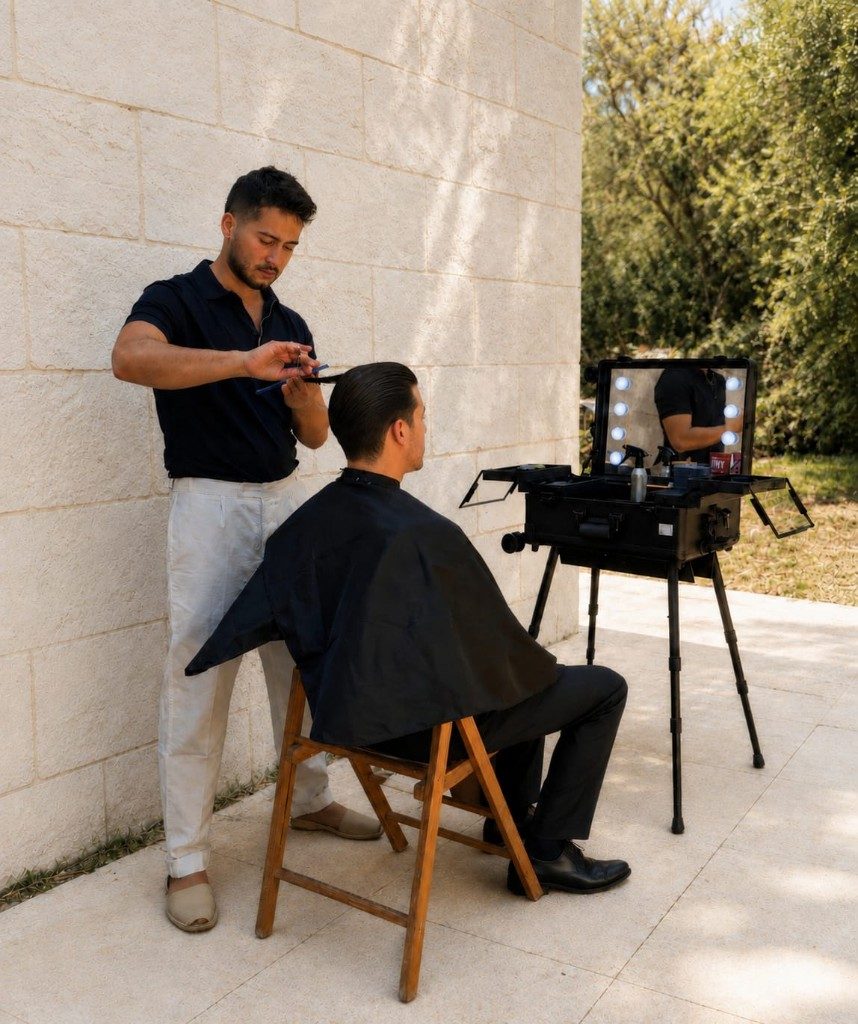 Barbero a domicilio en Menorca cortando el pelo a un cliente en una villa